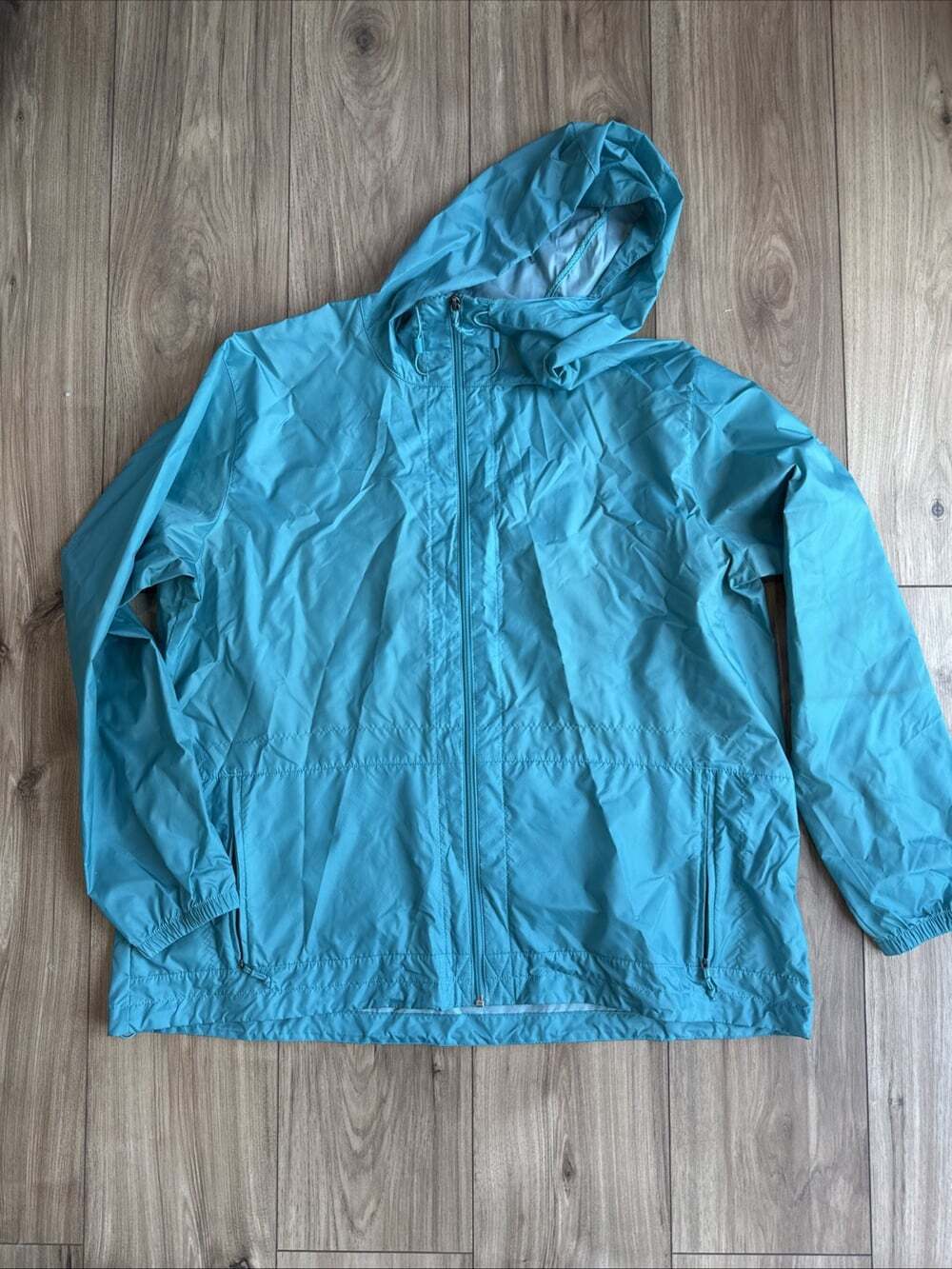Columbia Rain Jacket Womens 2X Packable Hood Full Zip Long Sleeve Teal Blue Logo